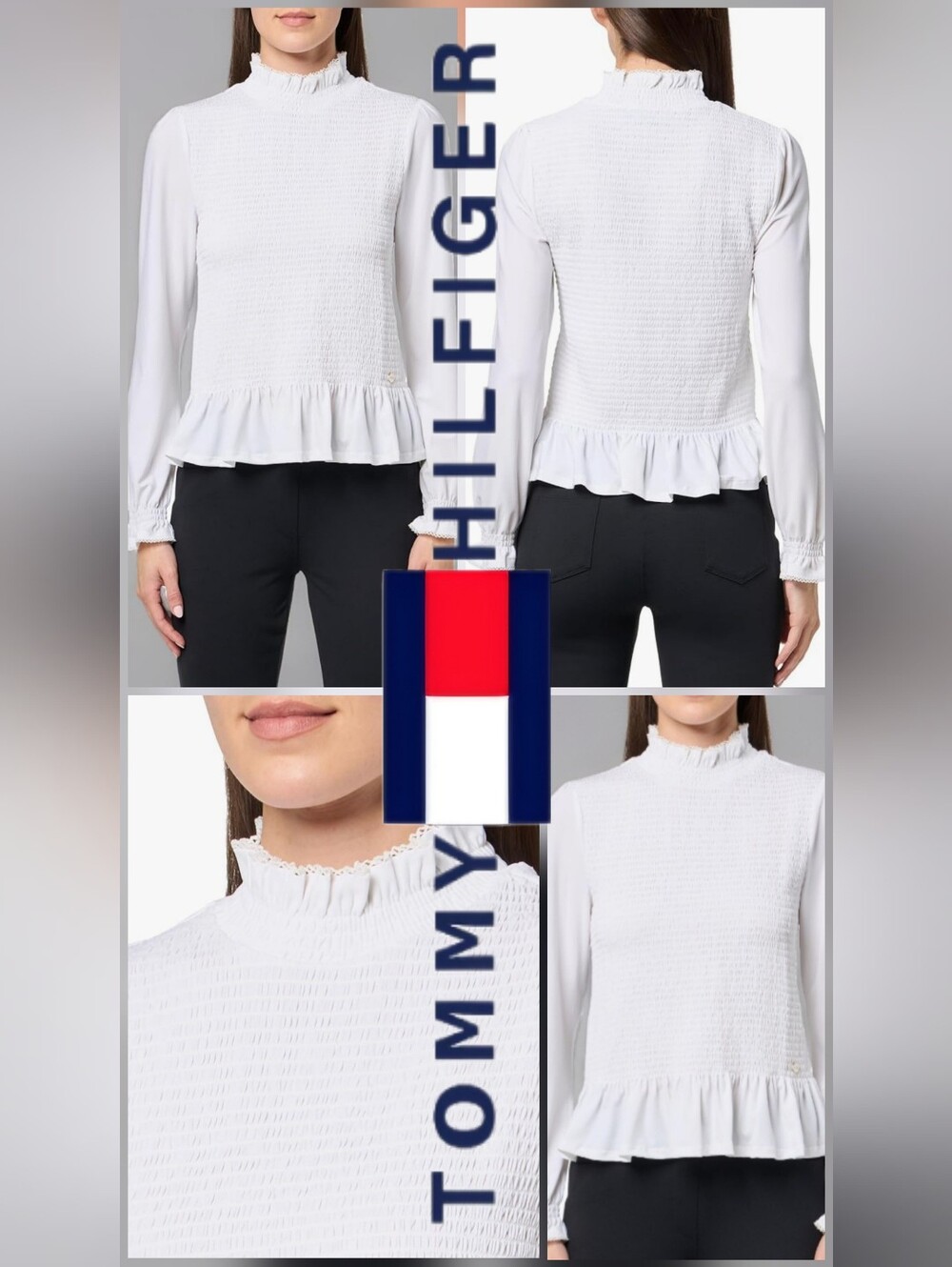 Tommy Hilfiger Bristol Smocked Ivy Mock Neck Peplum Ruffle-Hem Long-Sleeve Top